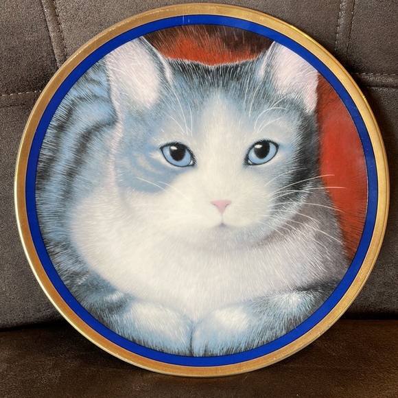 Pretty 8” Gray Cat Display Plate with Gold and Blue Rim - Picture 6 of 6